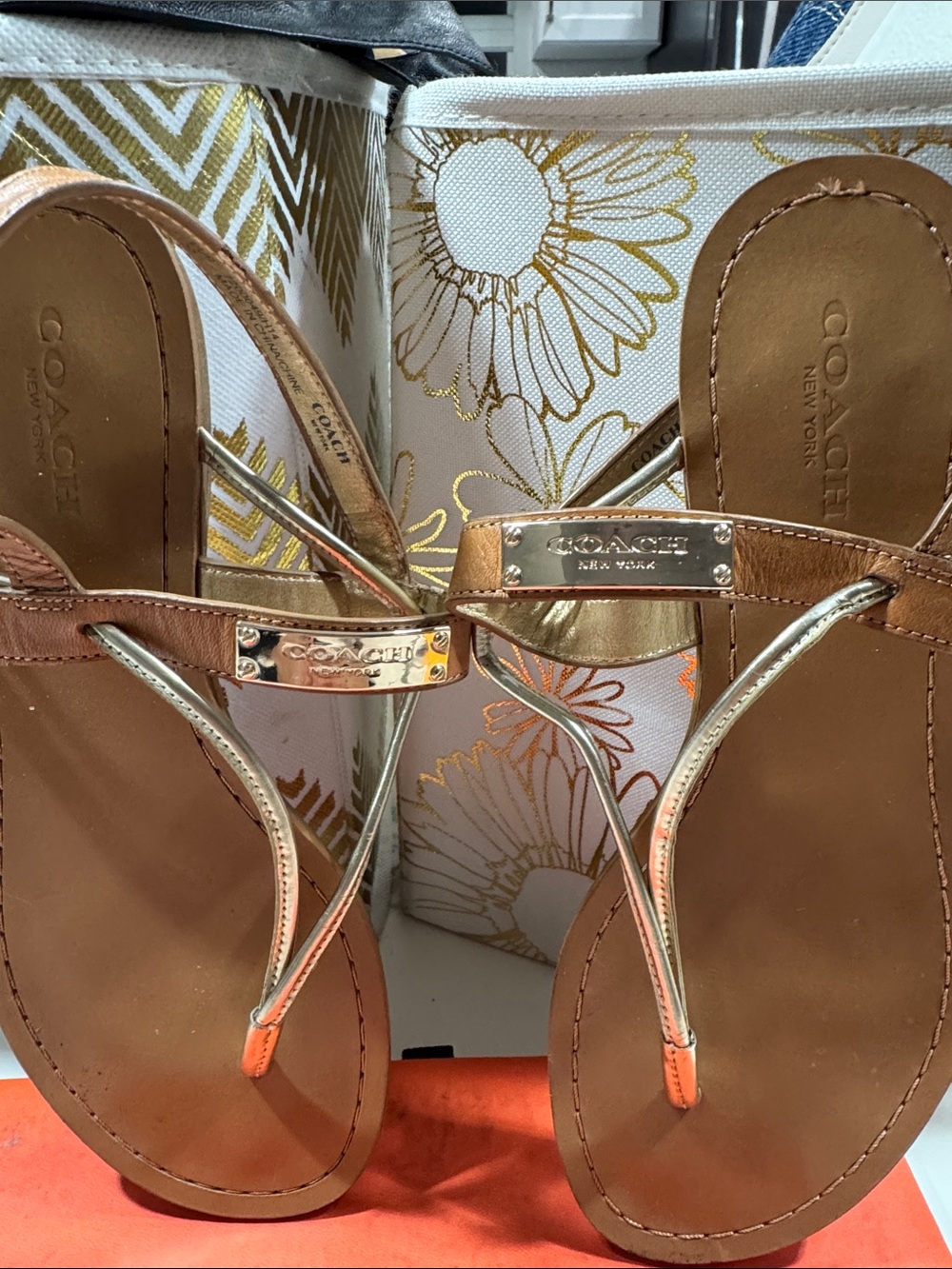 Coach Gold Metallic & Tan Leather T-Strap Sandal